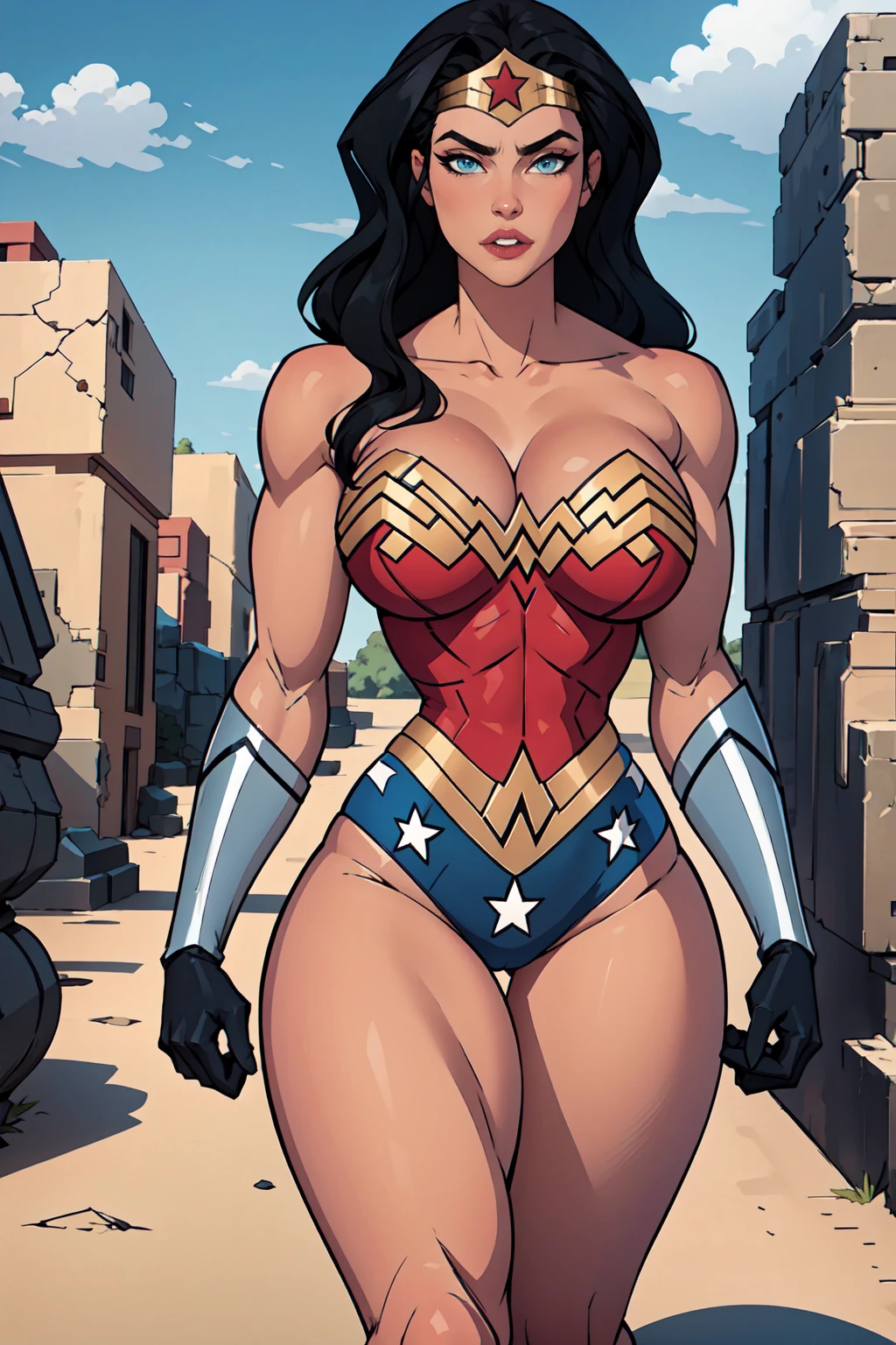 masterpiece,best quality,extreme detail,8k, wonder woman, 1girl, solo, looking at viewer, large breasts, blue eyes, long hair, gloves, outdoors, thighs, superhero, crescent print