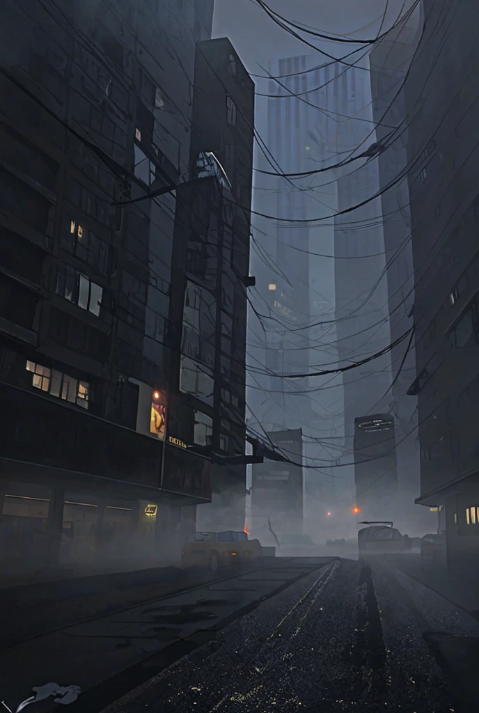  Horrible city , colored grices , Evening, darkness,  buildings made of meat, fog