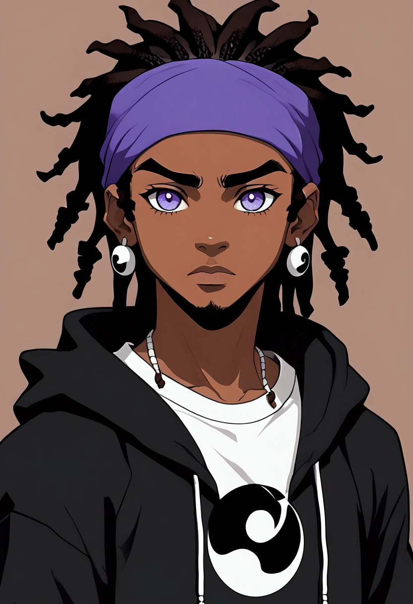 a drawing of an dark skin male with a black dreadlocks and a white shirt, wearing black hoodie with an yin Yang logo on it, halfbody headshot, different colored eyes, left blue eye and right purple eye, slightly buff body, dark brown bandana around his neck, inspired by Okumura Masanobu, halfbody portrait, tyler jacobson style, anime character, cel shaded:, young anime man, androgynous appearance, shaggy dreadlocks, blue eyes with purple irises, hetrochromia,