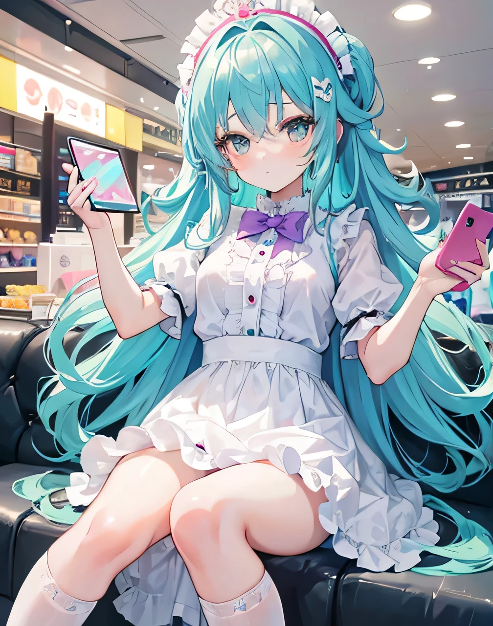 Anime girl in white dress sitting in chair holding cell phone, at pixiv, Pisif, Highest rated on Pisif, Popular on Pixiv, Pisif 3DCG, Popular on Pisif, Pisif style, Digital art on Pisif , Pisif Contest Champion, zerochan art, zerochan, trending on artstation pixiv