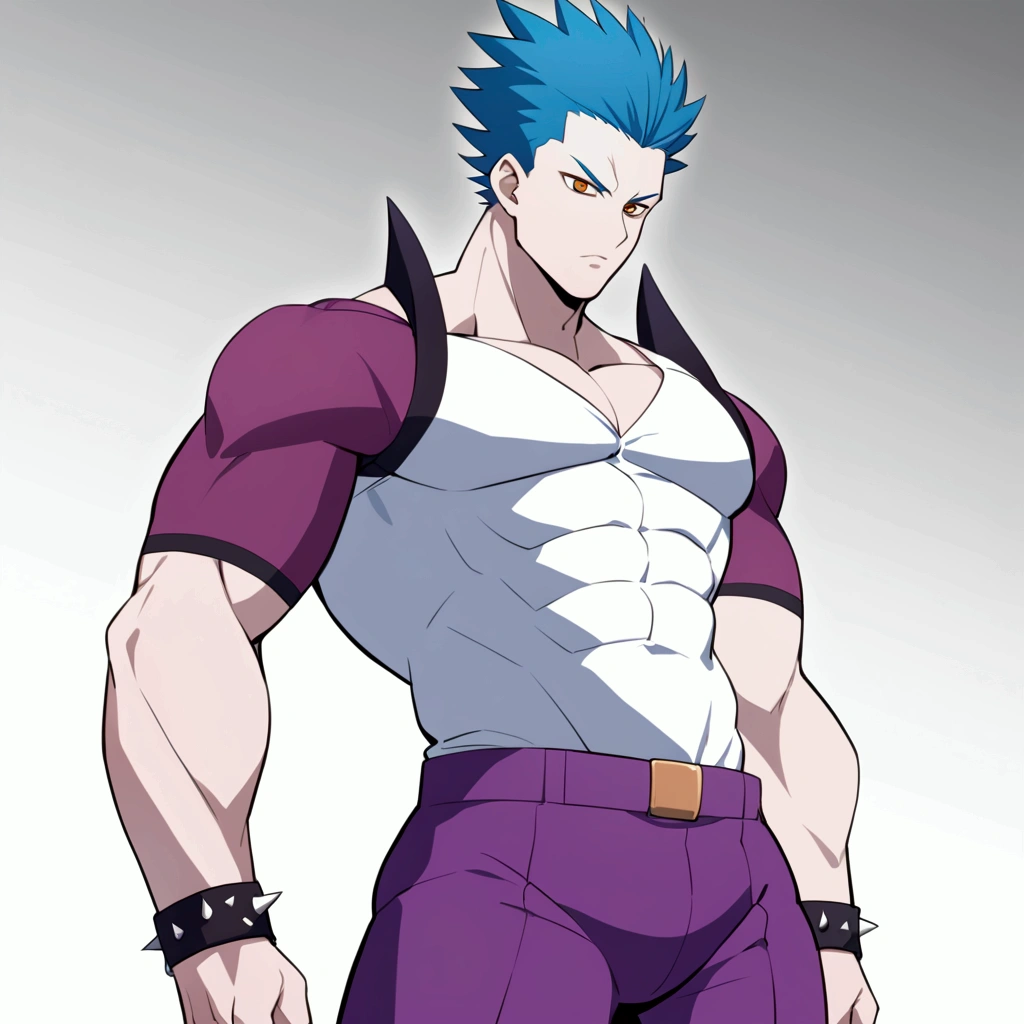 Make a brutal young man half, he has blue hair spiky up like Hisoka and like Hakari Kinji, he has orange slanted eyes, white shirt and purple pants, slim defined body, and he has short sleeve shirt, brutal man... he has spiky hair up without bangs too, white skin... He is badaas, anime 2d anime passione studio... anime Seinen. Like modern anime and retro old anime... not like other people, hair spiky up very up... no bangs, brutal very muscles brutal man, Mohawk, , like Hisoka and like Kinji, solo