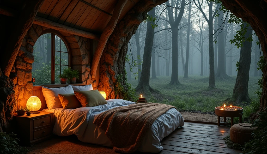 Zoom in on rustic pillows, bed in a fairy house at midnight, rustic wooden bed with fluffy pillows and handmade quilted blanket, soft light from natural light fixtures, room decorated with natural materials, jewelry and flowers, magical and mysterious atmosphere, ultimate relaxing space, real, photo, single person view, super detail, high detail, high quality, 8K, very realistic、photograph、one person perspective、super detail、high detail、high quality、8K、