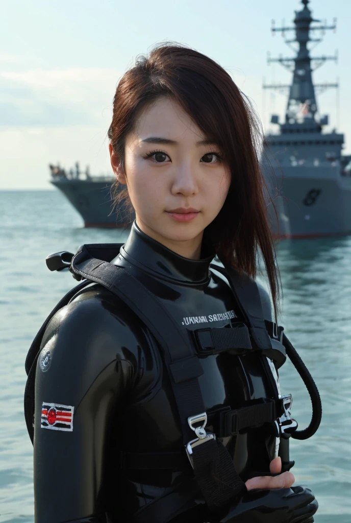 A documentary photo, Photo-realistic, ultra-realistic, (Japanese beautiful young woman, famous Japanese idol, boyish cool face:1.3), wetlook rubberish clothes,, she is a military diver of Japan navy, experienced military diver, wearing a professional wetsuits for military diver with professional scuba equipment, She is on a shlre, She is preparing to scuba dive for a lifesaving mission, there is a large battle ship behind her,, Natural Makeup, buyish face ,Front View:1.21, Perfect Anatomy:1.21, Small head:1.21, Slender body:1.37, Narrow waist:1.5, Thin limbs:1.5, Flat Chest:1.5, Anatomically correct limbs, Diving Suits smooth wetlook (high smooth turtleneck collar), Fully equipped for diving, Very cute Japanese woman, Brown Hair, Chignon Hair, Calm sea in summer, Dynamic and emotional movie lighting, 