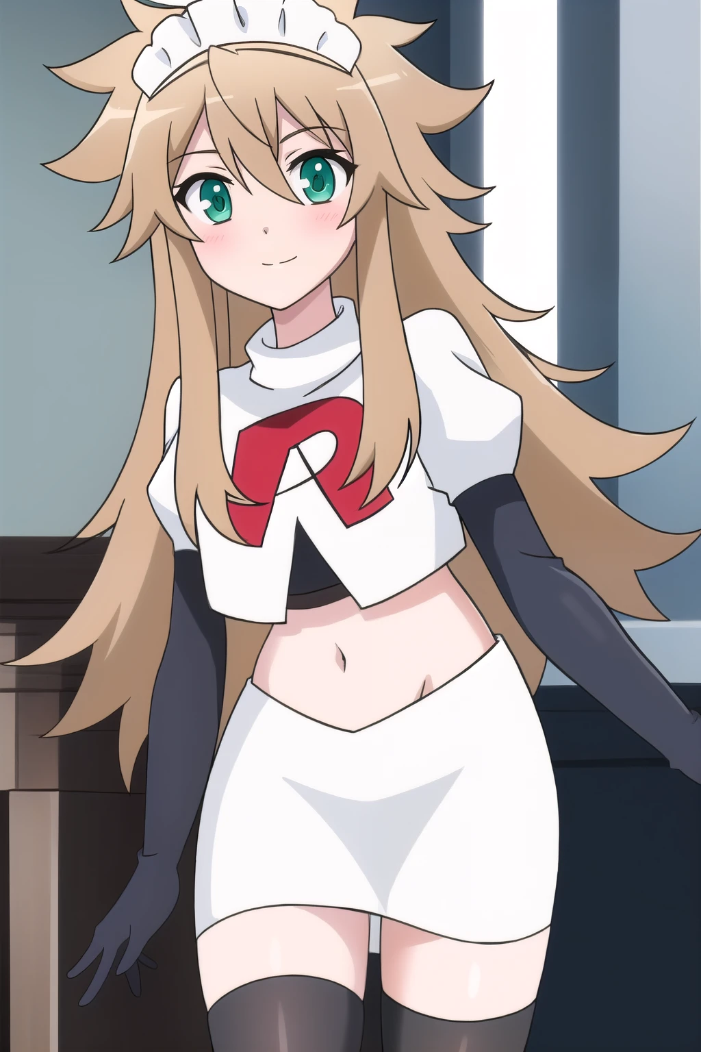 lene, solo, long_hair, looking_at_viewer, blush, bangs, blue_eyes, blonde_hair, brown_hair, 1boy, hair_between_eyes, green_eyes, male_focus, sidelocks, aqua_eyes, maid_headdress, light_brown_hair, messy_hair, crossdressing, crossed_bangs, team rocket,team rocket uniform,white skirt,red letter R,crop top,black thigh-highs,black elbow gloves, cowboy shot,