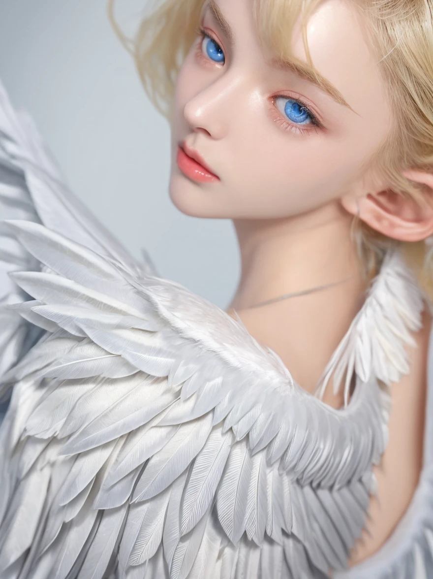 8K, Raw photo, Photorealistic, (Detailed skin, Best Quality:1.2), (Angel wings, Naked, Full body shot), (((Small chest:1.2))), ((petite body)), (silver short hair:1.3, short bangs), girl flying high in the sky, (Baby faairer skin), hiding chest with hands, blue sky