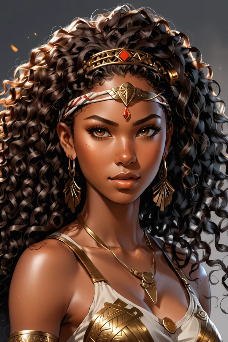 beautiful african goddess, luxuriant afro-textured messed rainbow hair, dark skin, heterochromia eyes, really curly hair, round belly voluptuous body, extreme tanned skin, extreme long black straight hair messes over naked boobs, huge chocolate headdress, big cheeks, long legs, curvy, chocolate and golden breast painting, breast painted golden and chocolate, indigenous golden and chocolate facial painting