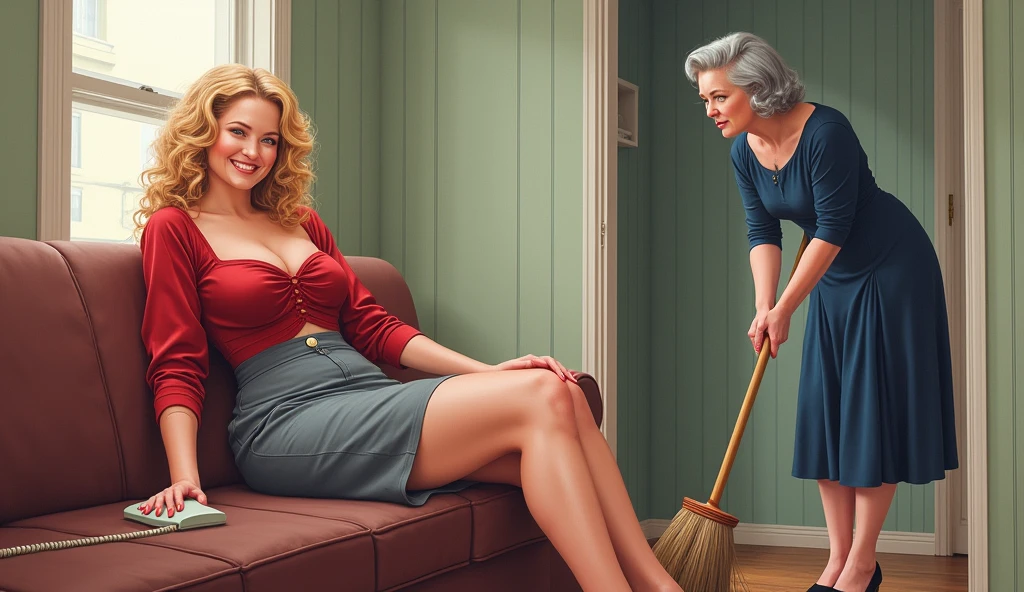 Create a girl sitting on a pink sofa reading a book and an old lady sweeping the floor