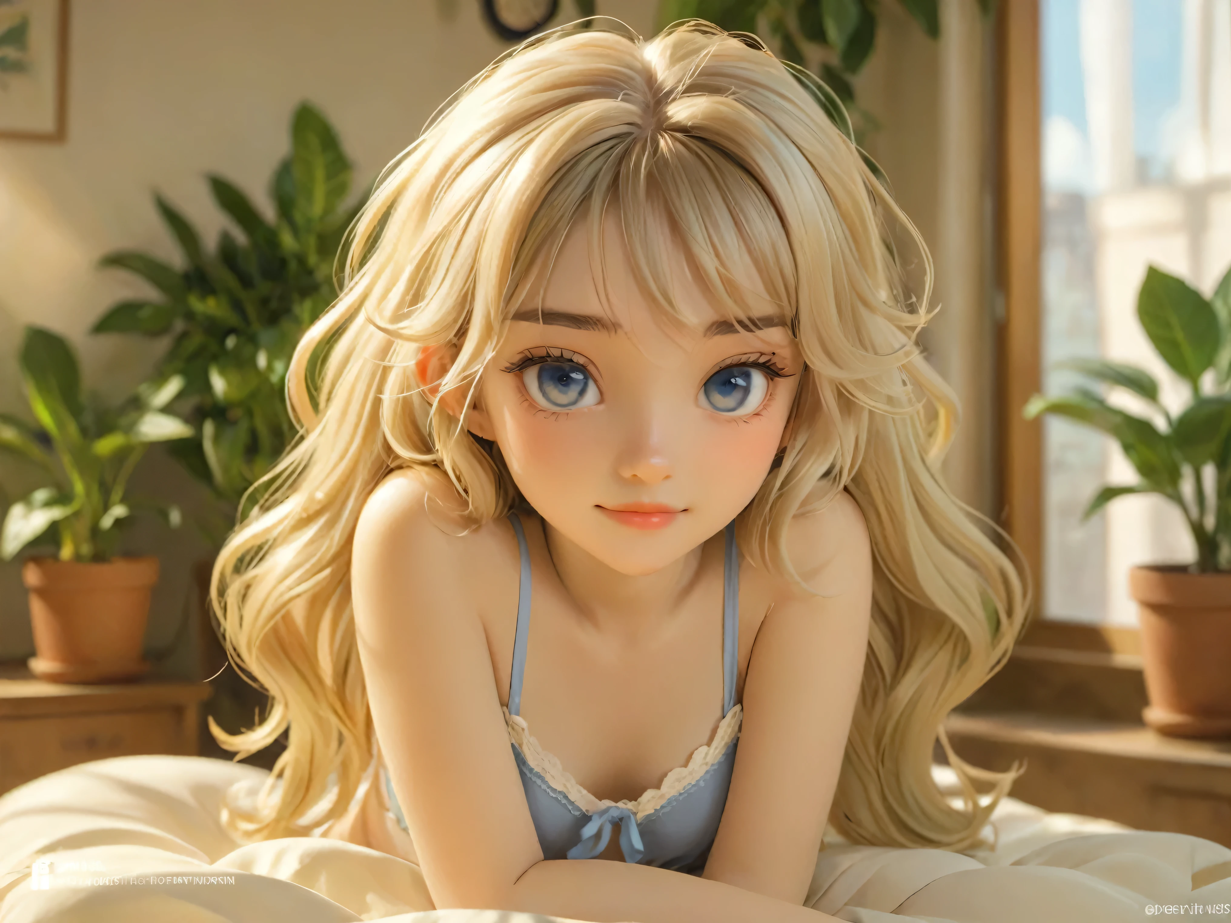 1 girl, age 16, Wearing cotton panties, perfect face, petite and skinny, small breasts, blue eyes, light blonde hair, long wavy hair, messy hair, twin tails, shy smile, ribbons, realistic, (cowboy shot), indoors, soft lighting, plants in background, window with sunlight, cozy room, relaxed pose, realistic, intricate details, warm colors, by Greg Rutkowski, by Alphonse Mucha Real image, hard nipples, seductive,