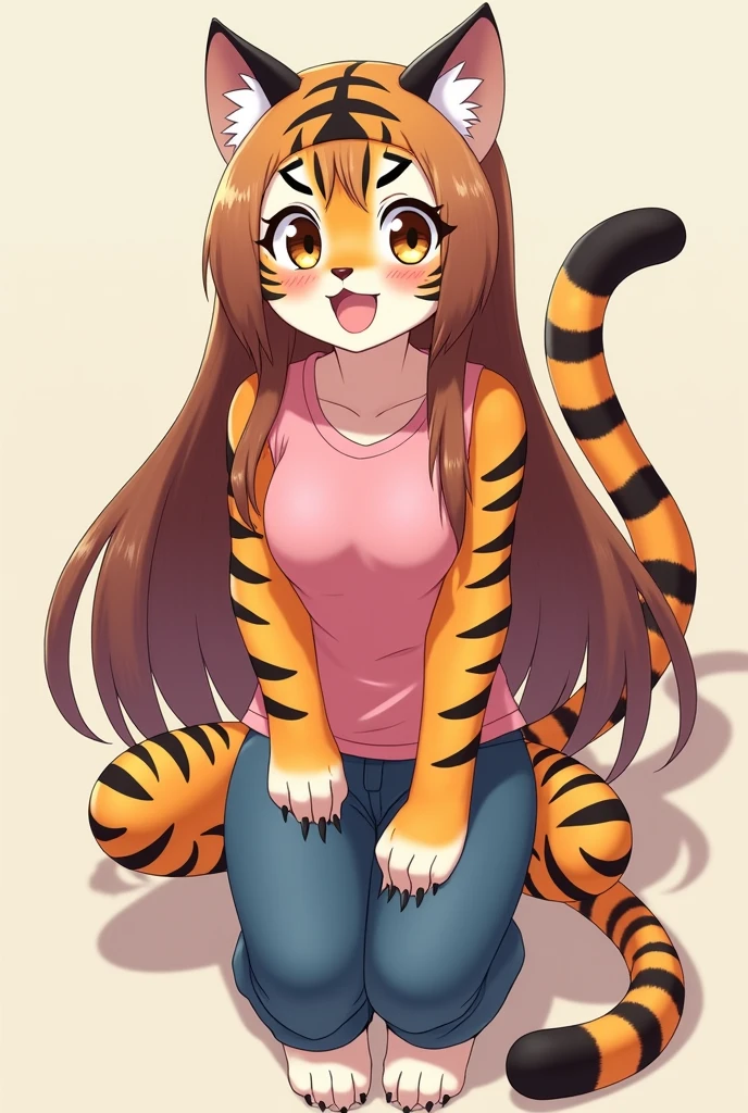 tiger girl,female furry,animal ears,brown hair,antenna hair,ahoge,animal nose,:3,detailed big yellow eyes,slit pupils,multicolored fur,white inner thighs,white belly and chest area,chest tuft,white fur,orange fur,tiger stripes,
anime,masterpiece,highly detailed,
portrait,closeup,