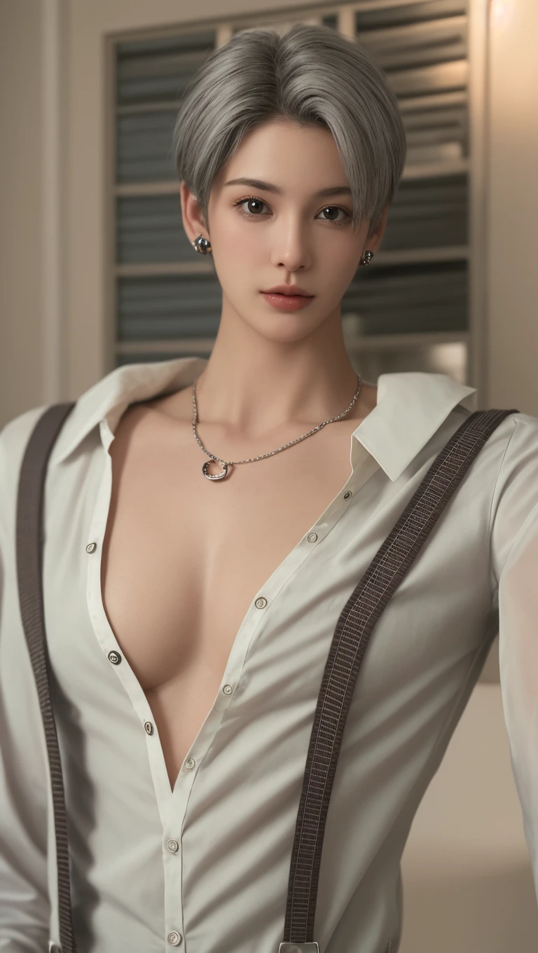 ((Best quality, 8k, Masterpiece, ultra detailed, ultra high res, photorealistic, raw photo, absurdres, absolutely resolution:1.5)), pretty woman, 1girl, slender abs :1.5, dark brown hair, smile, bob cut, large breasts, (NSFW:1.3, collared white shirt, ribbon tie, half undress:1.5, tartan check skirt, ), ultra-detailed face, highly detailed lips, detailed eyes, double eyelid