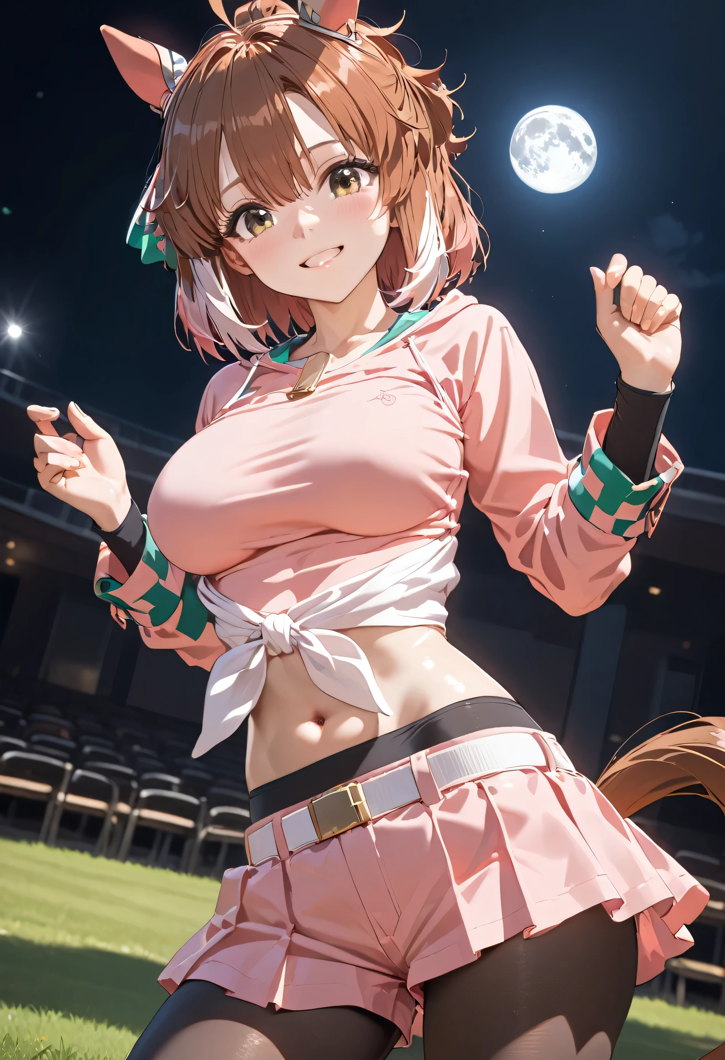 1girl,dantsu_flame\(umamusume\),horse tail,horse ears,black pantyhose, midriff, belt, tied shirt, pink skirt, navel, solo, pink shirt, long sleeves, pink shorts,(((from side)),from below,Dutch angle,looking at auditorium,teardrop,smile,put her hand chest,outdoor,turf,night,moon,shiny skin, shiny,ai-generated,,beautiful eyes,masterpiece,best quality,highres,4k,8k,art by Sincos,Cute,Anime,Artist by sincos