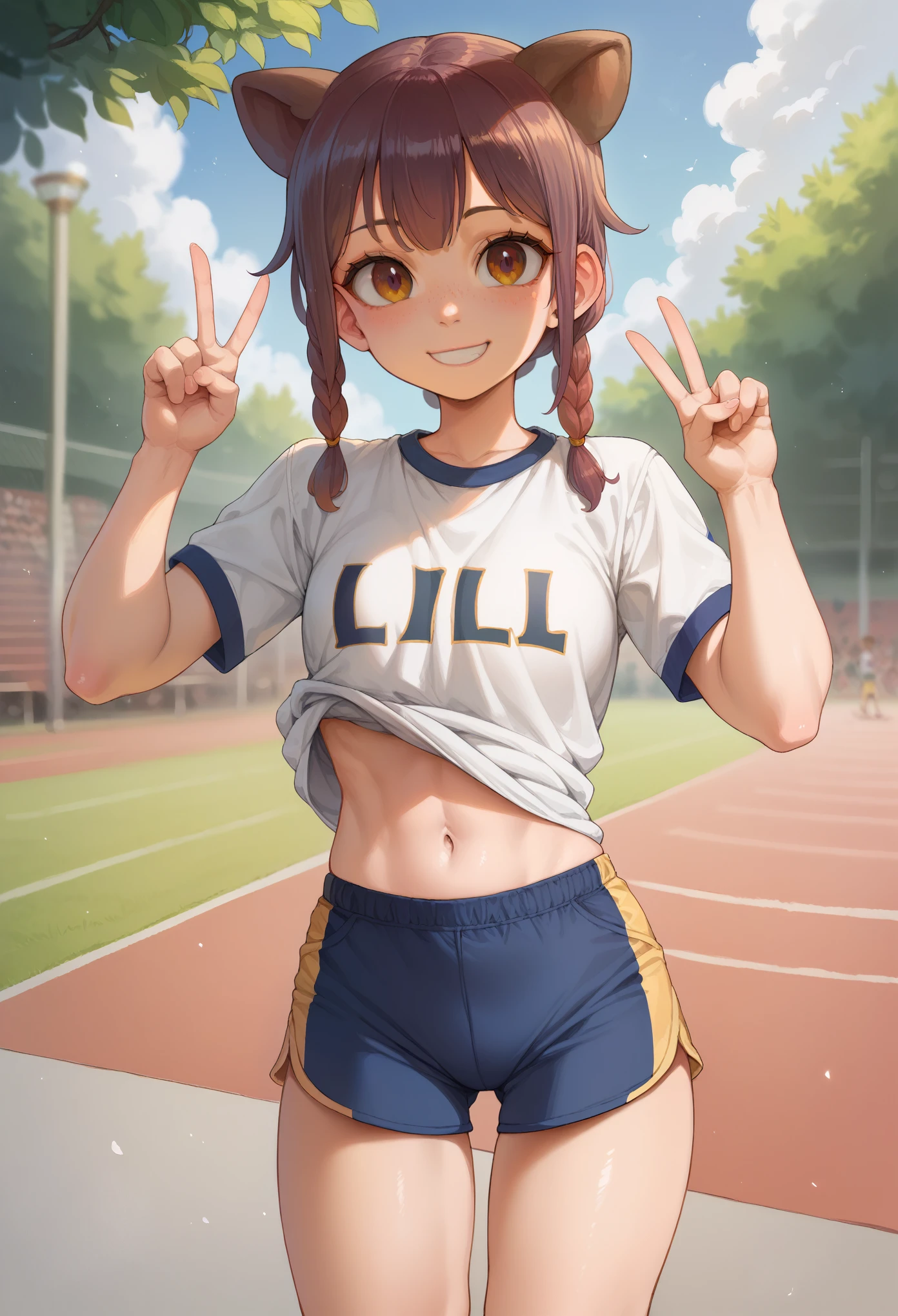 Sciamano240, 1girl, (:1.5), sport girl, shirts, shorts, smile, v, park background