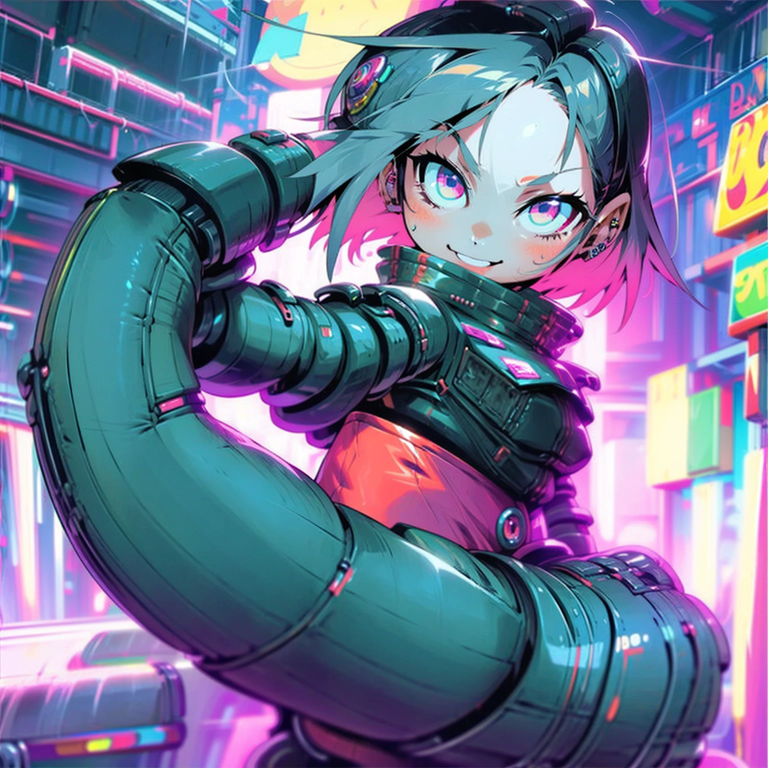 (best quality, masterpiece), 2girls, hologram, cyberpunk, neon, fog, (cartoon: 1.5), thong, tight, small, neon signs, ramen shop, fishnet stockings very low, transparent, very long hair, on piece suit, latex