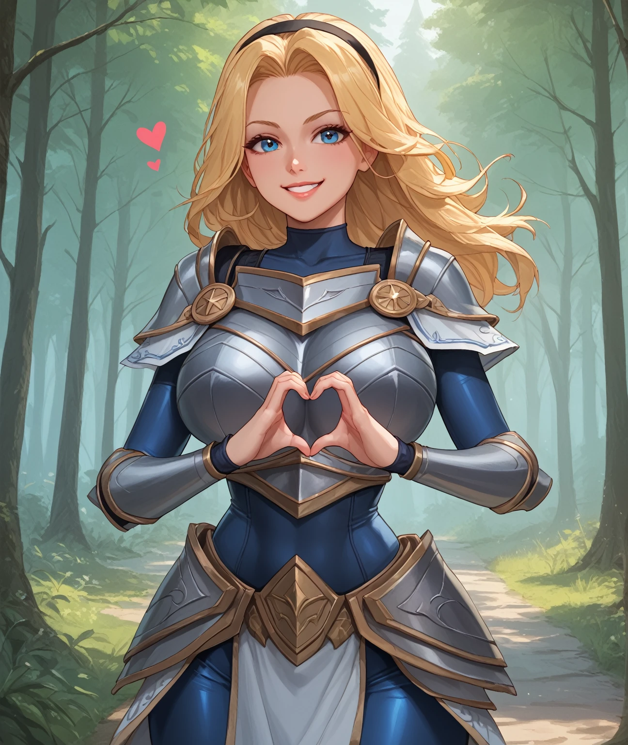 score_9, score_8_up, score_7_up, score_6_up, score_5_up, score_4_up,LuxLoLXL, blue eyes, blonde hair, long hair, black hairband, ((big breasts)), collarbone, shoulder armor, armor, blue bodysuit, breastplate, long sleeves, faulds, skirt, blue pants, armored boots,(portrait, upper body), looking at viewer, forest, tree, smile,((big breasts)),heart hands