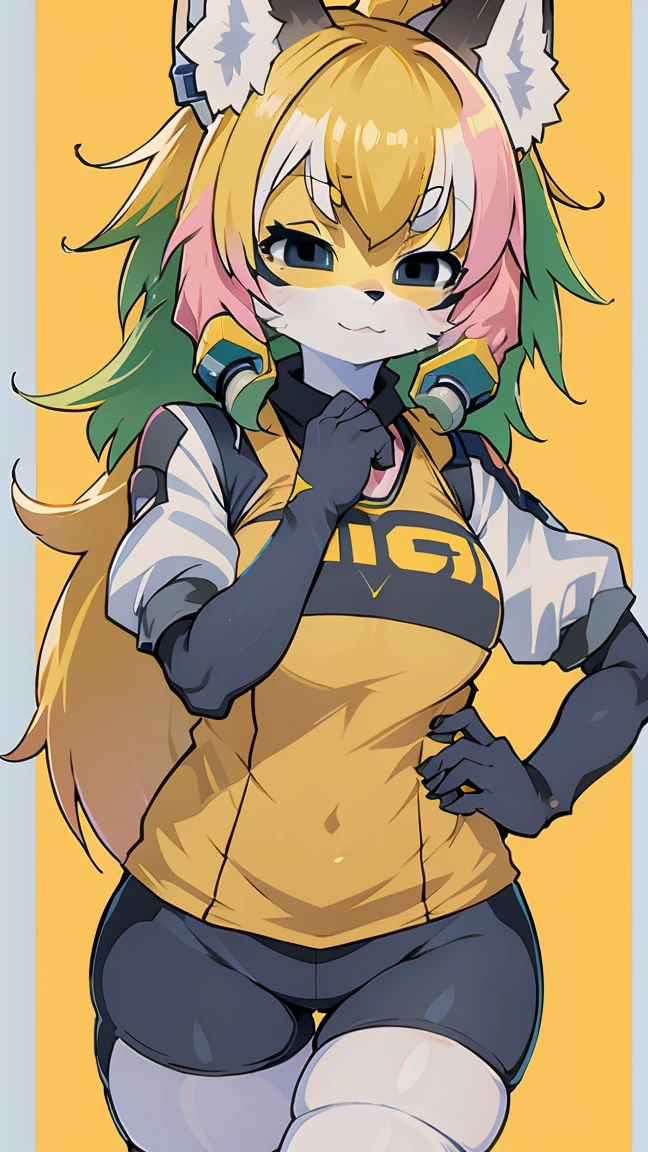 Kawaii, cute fox, (cyberpunk) |  Yellow hair green highlights | blue eyes,  heterochromia | Hairy pink skin  | With a fluffy syrup  | (((white background))) |  Fitness wear   |  Funny and embarrassed personality 