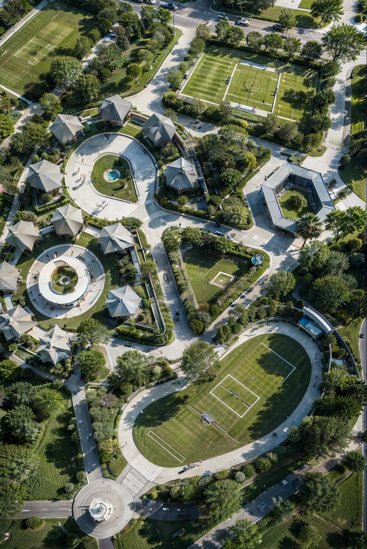 Resort Architecture , tropical, Circular huts, aerial, fountain, fields, tennis field, football field, realistic bird eye view, brown walkways emphasized