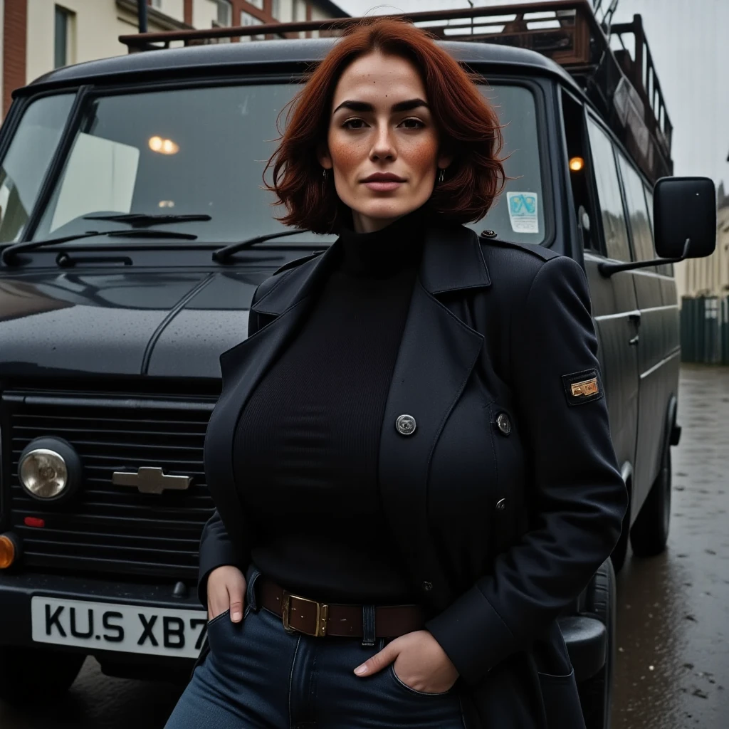 Photorealistic, cinematic style, picture of a beautiful British woman leaning against the side of a old black Chevy van. (Dynamic pose: 1.5), (slight smile). She has Brown eyes, downturned eye shape, light skin and freckles, reddish-brown hair.  She's wearing a black trench coat, black jeans and black turtleneck sweater. Behind her is the big black Chevy van, black asphalt on the ground. She has a lit cigarette in her mouth. ((Theme colour is black)). perfect hand,HDR, intricate details ,