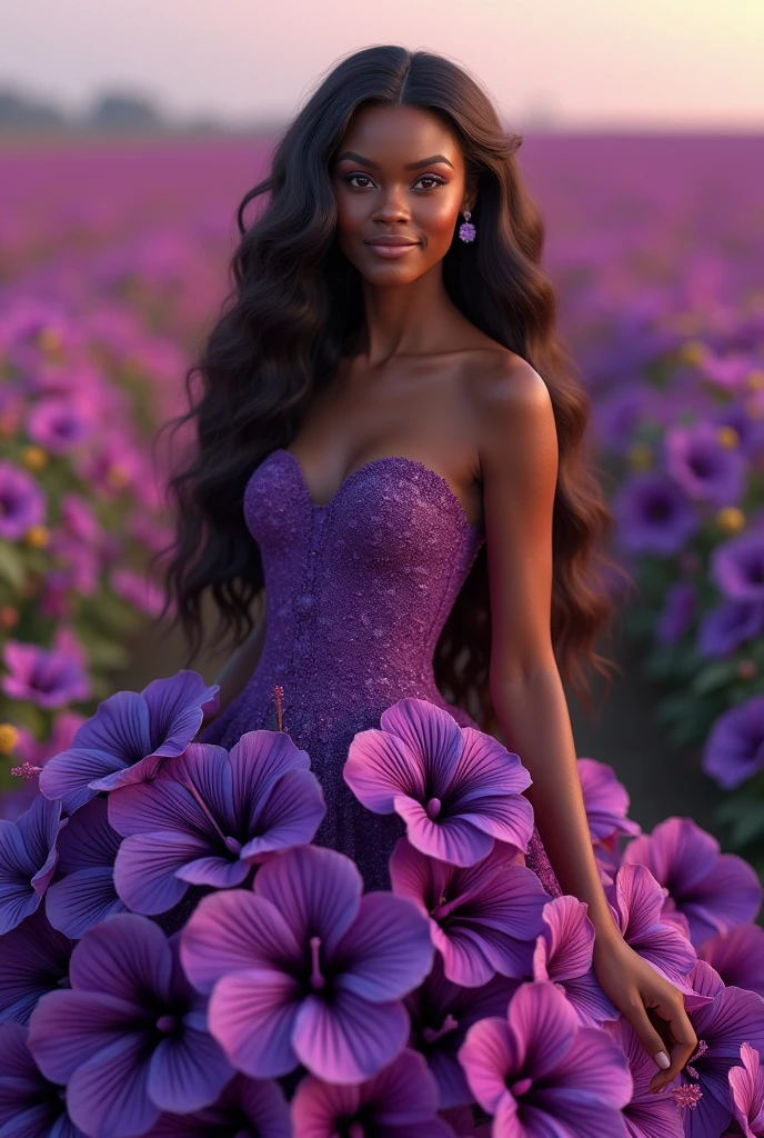 1 woman, background is snowy day, wearing beautiful lilac dress, detailed facial features, feminine dark brown eyes, detailed black skin, long curly black hair, dramatic lighting, cinematic composition, warm palette, sunlight, dark colors, atmospheric haze, thin chin, soft face, strong and beautiful woman, adult woman, ultra realistic, adult man (best quality, 4K, 8K, high resolution, art: 1.2), ultra detailed (realistic, photorealistic, photorealistic: 1.37)