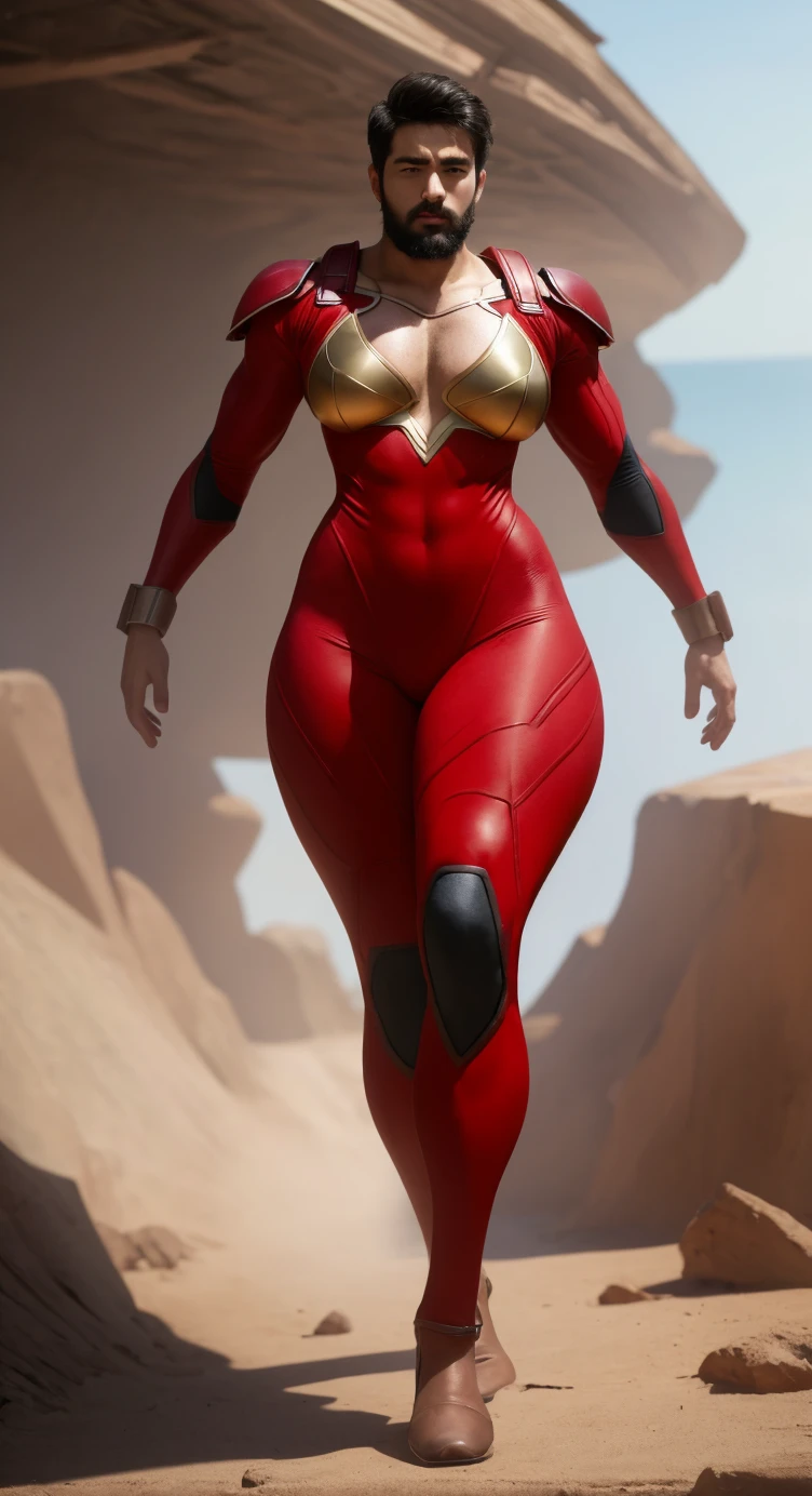 a closeup of a red-haired woman in a red outfit, golden long boots, golden long gloves, full body portrait of Jean Grey, character posing, realistic dynamic pose, specialized light effects on the figure, back pose, cinematic, 8k rendering, Character details, 8k rendering character art, UHD