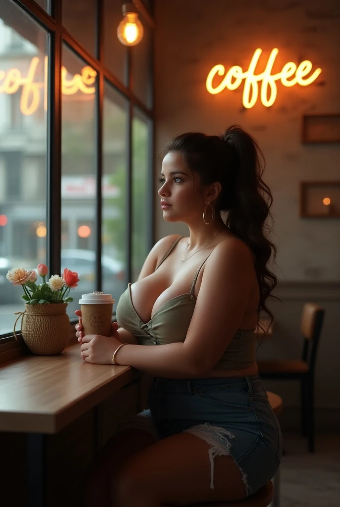 European woman, 20 years old, in a restaurant, in the city of Matera, sitting in a chair and waiting for the waiter, with ponytail hairstyle and wearing clothes with cleavage. secretary glasses,(Best quality,4k,8K,High resolution,masterpiece:1.2),Ultra detailed,(realistic,photo-realistic,photo-realistic:1.37),Bright colors,Bokeh,Portraits,Black hair,Light skin,Bright blue eyes,Beautifully detailed lips,Elegant pose,Stylish and modern restaurant interior,Soft natural light,Silver cutlery on the table,Waffles on the table,Lots of food on the table,Waffles,Menu card on the table,Waiters in formal wear,Woman's table by the window overlooking the cityscape of Matera,Hint of sunlight pouring in the window,Creating a warm and cozy atmosphere. stones_of_matter in the background