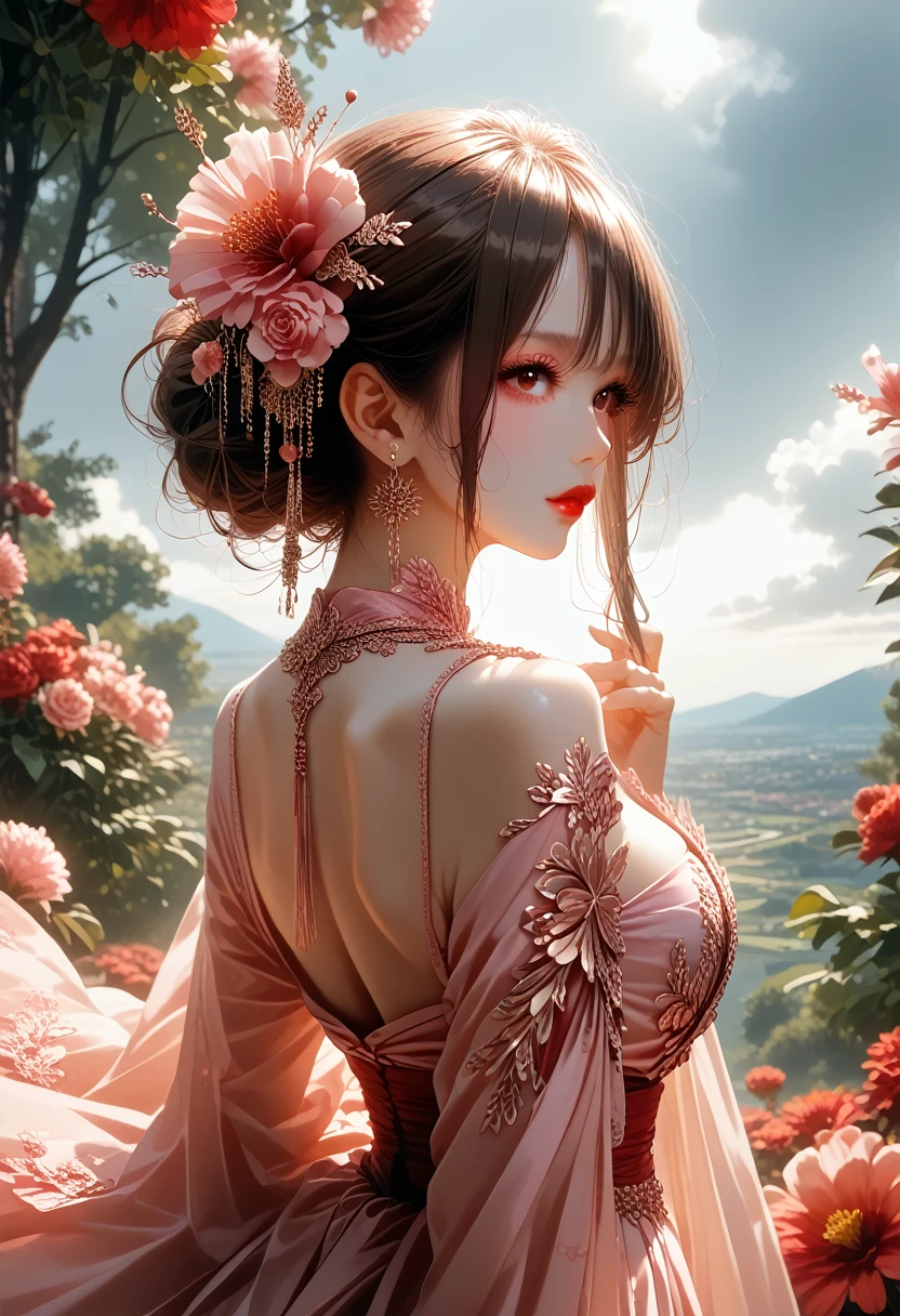 (masterpiece),( better quality:1.0), ( Ultra high definition :1.0), in detail illustration, 8 k, anime,  1girl, beautiful anime girl, in a saree, In a pink sari, beautiful pose, beautiful face, in detail face, beautiful eyes, dark red eyes, in detail eyes, red lips, red lipstick, slightly brown hair, pink flower on ear, hair highlights, standing, red flowers on tree from behind, open sky with clouds, in detail, intricate, anime style, highly in detail