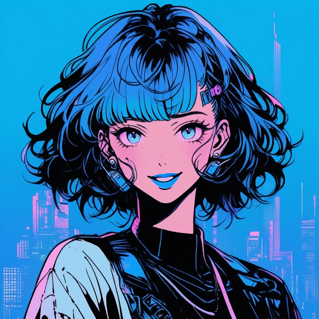 (Best Quality, sketch:1.2),Realistic,Illustrator,One man, Detailed lips, Cyberpunk atmosphere, custom, Blue gradient background, Neon Hair, Blue Hair,  medium wave hair , Short bangs, Friendly, Cool smile, A kind smile,  texture clipping, masterpiece, style: Retro Classic, Dark Black、whole body, ((From head to toe：1.7))