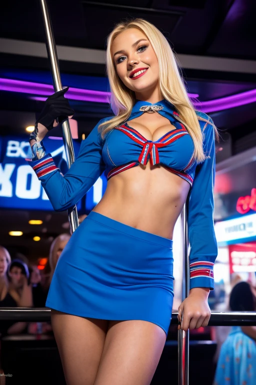 beautiful European blond model, in a dance club, wearing red skirt, from below, peach butt, dark room, , large tits, small waist, deep blue eyes, long wind blown wavy hair, huge tits,