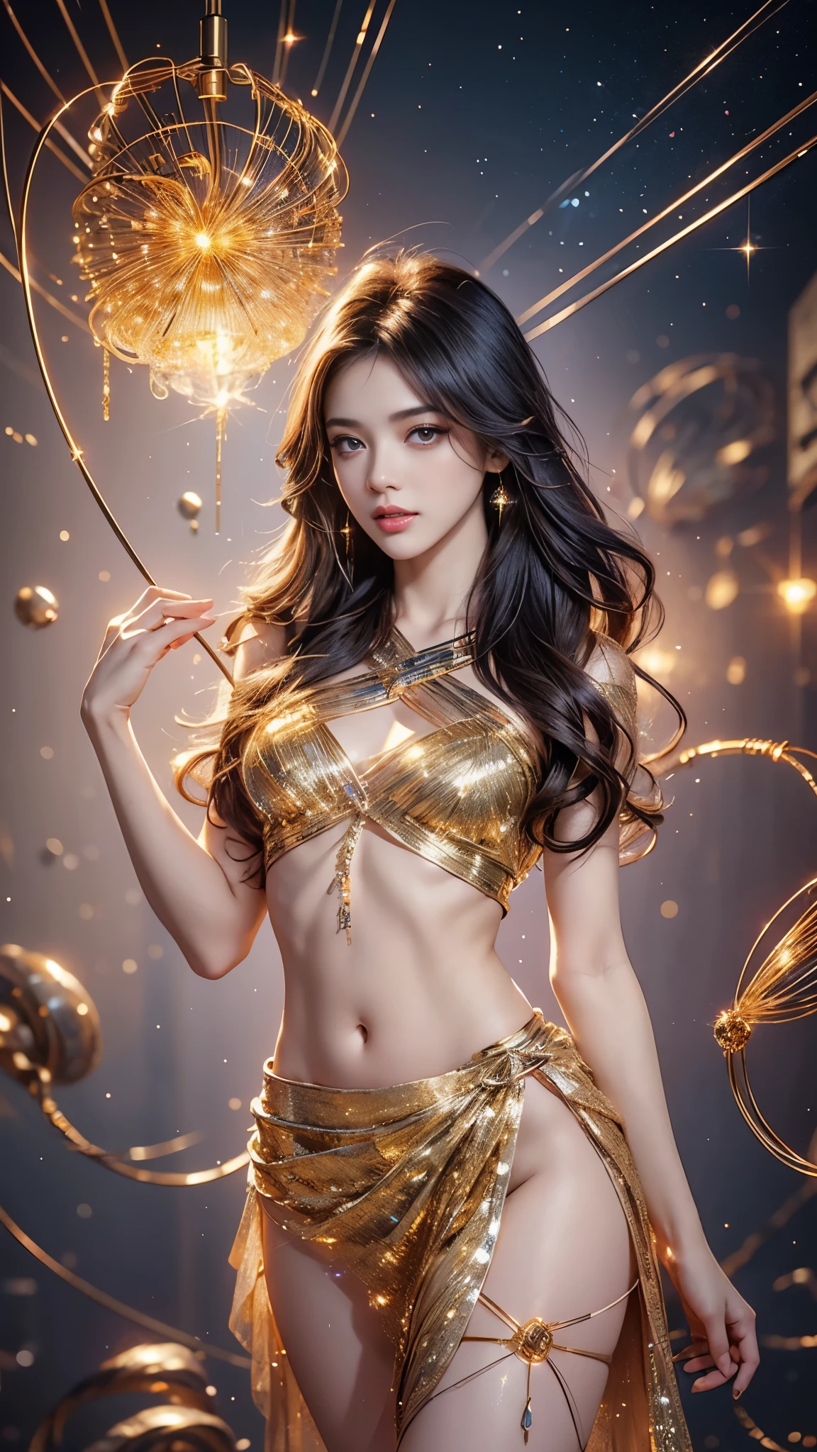 best quality, 8k, very delicate and beautiful, highly detailed face and skin texture, shiny skin, high resolution, sexy girl in gorgeous gold bikini stand on golden lotus, with mandala background, full body, sharp focus