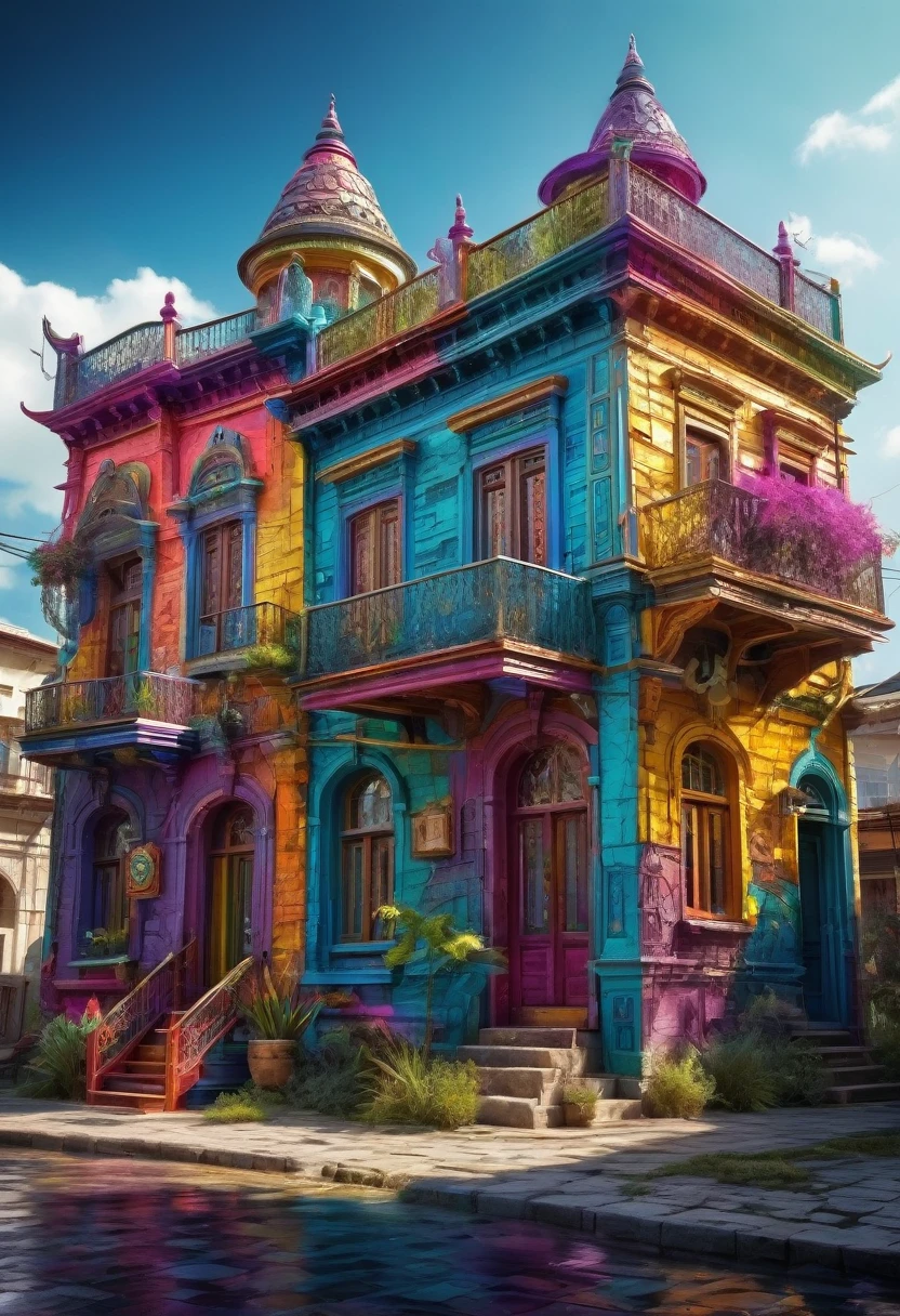 conceptual installation fantasy art with bright and colorful random colors, mysterious buildings, western-style buildings, intricate craftsmanship, delicate and dynamic textures, contrasts of light and shadow, 2.5D, artistic photography, hyper realistic, digital graphic CG, BREAK ultra detailed, absolutely resolution, best quality