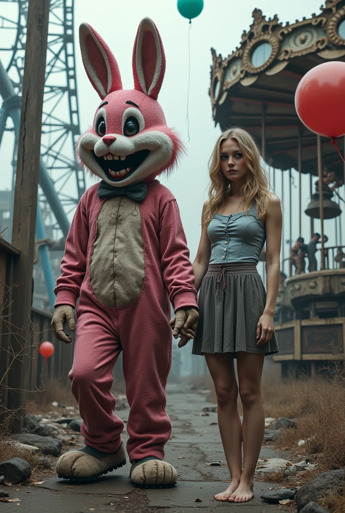 
A laughing, old, tattered, mascot costume pink rabbit with balloons and an despair face, blonde woman with bare-foot are holding hands and looking at viewer in an very old, desolate, battered, broken amusement park\(Roller coaster, Ferris wheel, merry-go-round\), disturbing atmosphere, horror mood, landscape, 