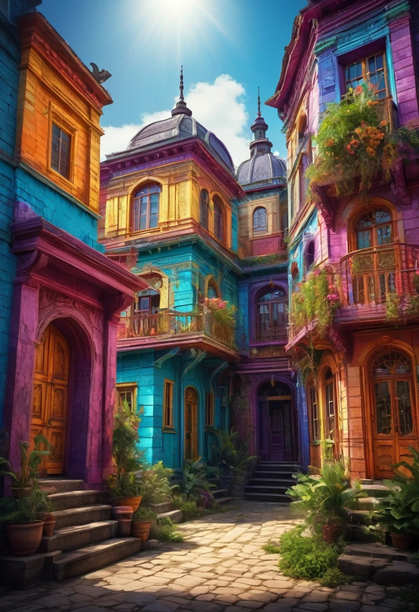 conceptual installation fantasy art with bright and colorful random colors, mysterious buildings, western-style buildings, intricate craftsmanship, delicate and dynamic textures, contrasts of light and shadow, 2.5D, artistic photography, hyper realistic, digital graphic CG, BREAK ultra detailed, absolutely resolution, best quality