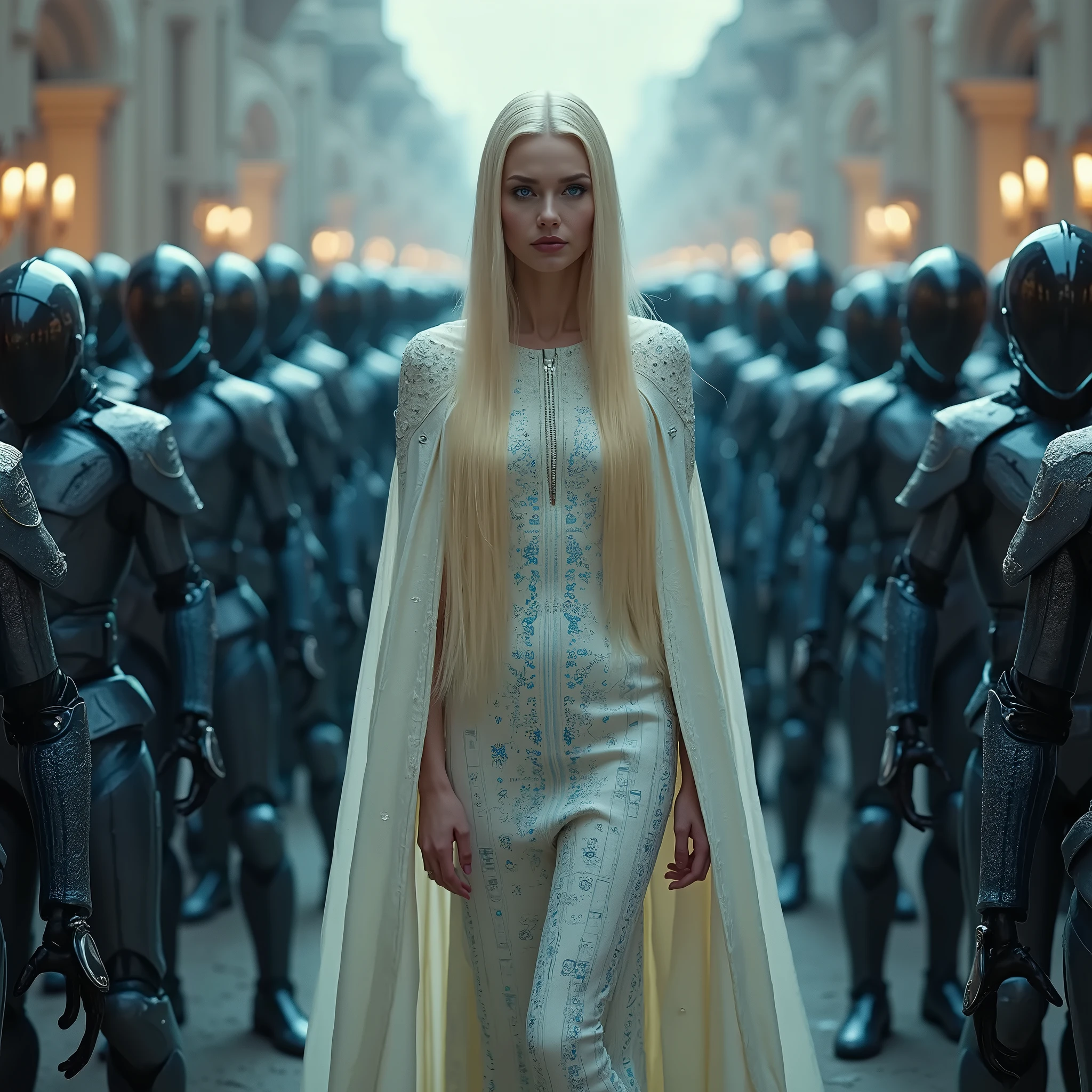 full body, full shot, a queen is surrounded by her futurist AI white bodyguards. The tension is intense, the queen is a woman 30 years old, very long straight hair, very blond hair, slim, blue eyes, wearing a cream and blue color futurist long royal dress with a printed circuit board cape, intense gazing eyes, as a conceptual AI, ultra-resolution, intricately detailed, low angle, 8k by Helmut Newton