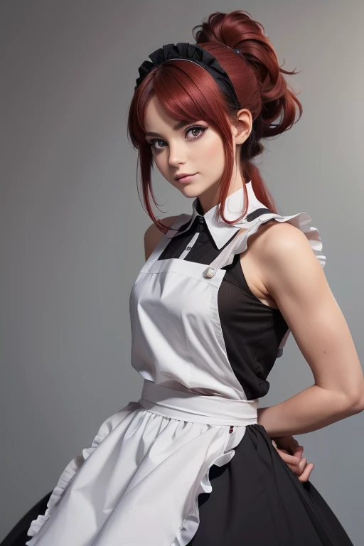 masterpiece,(Best Quality, Genuine,Detailed face:1.3),(One Girl,Alone:1.3), beautiful detailed eyes,  apron, gradient_background, gradient, Maid,  purple eyes,red hair,Small breasts,, break, enMaided, white_apron, black_dress,  ponytail, black_shoes, Frilled_apron, dress, Maid_apron, replace_hair,very long hair, _ ponytail, halo 