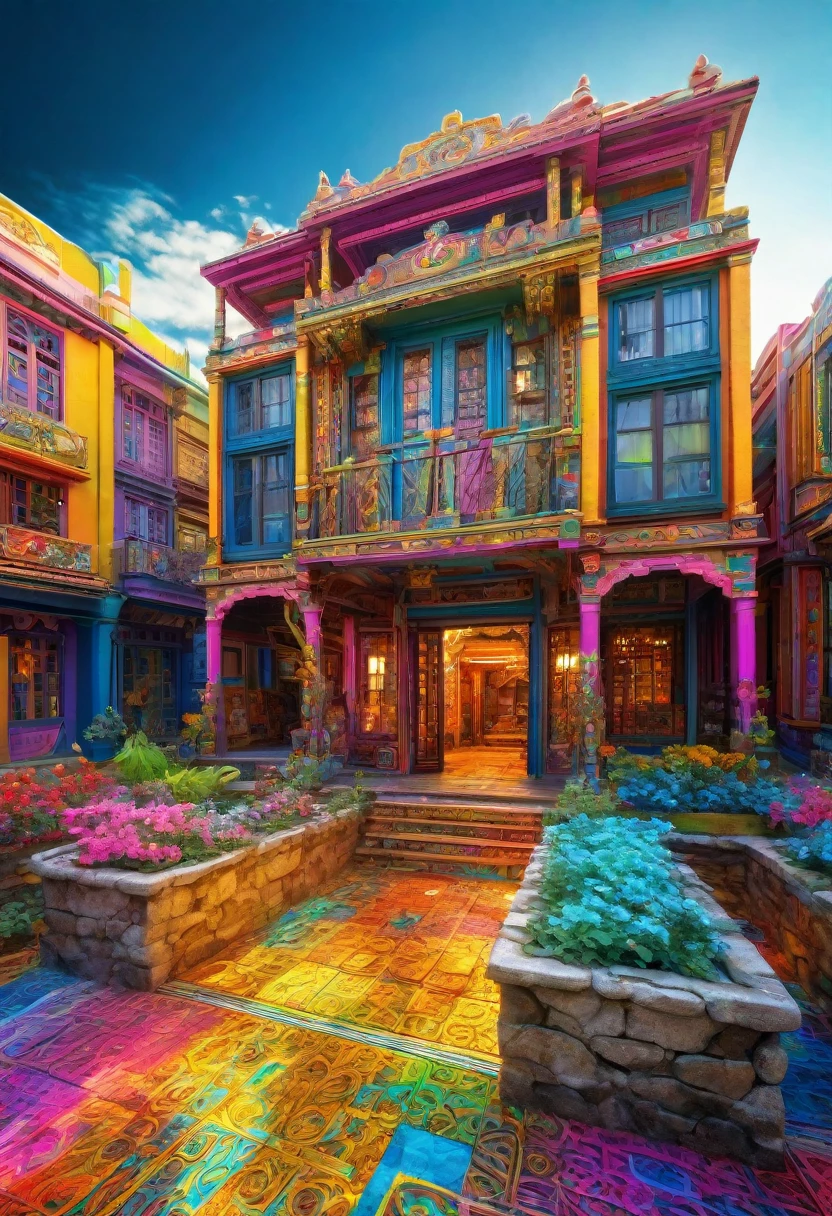 conceptual installation fantasy art with bright and colorful random colors, mysterious buildings, western-style buildings, intricate craftsmanship, delicate and dynamic textures, contrasts of light and shadow, 2.5D, artistic photography, hyper realistic, digital graphic CG, BREAK ultra detailed, absolutely resolution, best quality