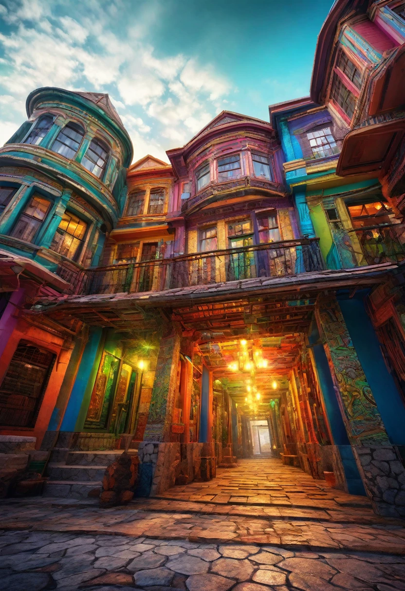 conceptual installation fantasy art with bright and colorful random colors, mysterious buildings, western-style buildings, intricate craftsmanship, delicate and dynamic textures, contrasts of light and shadow, 2.5D, artistic photography, hyper realistic, digital graphic CG, BREAK ultra detailed, absolutely resolution, best quality