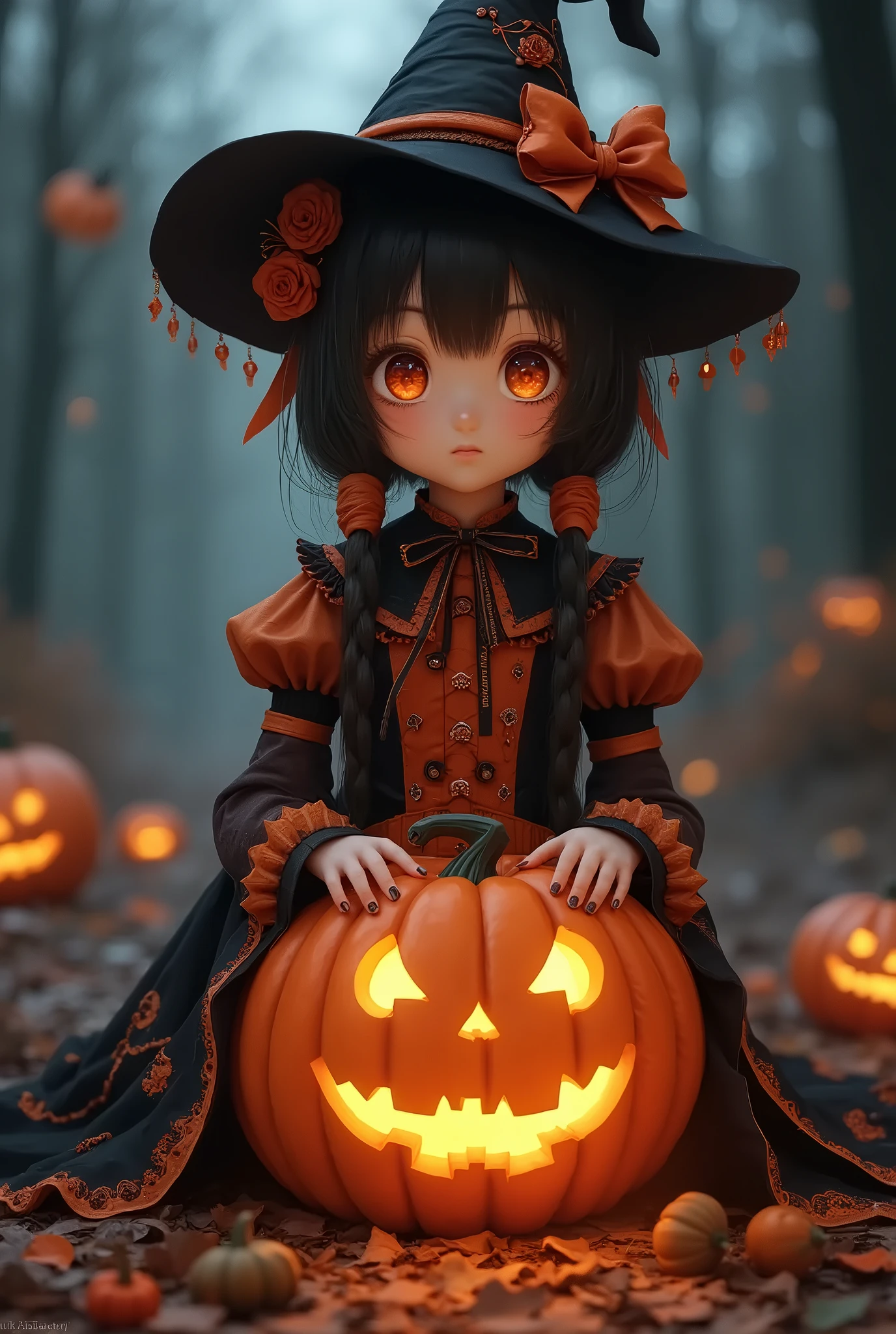 Best quality,masterpiece,ultra high res,1girl,dress,holding,looking at viewer,jack-o'-lantern,long sleeves,white dress,food,candy,pumpkin,ghost,bangs,solo,puffy sleeves,blue eyes,black bow,white hair,bow,halloween,lantern,short hair,jewelry,bug,juliet sleeves,lollipop,blush,closed mouth,hair bow,