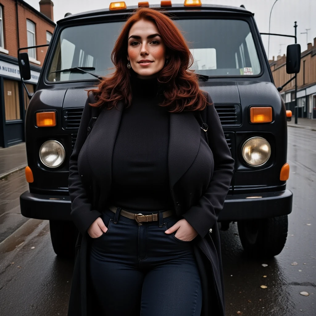 Photorealistic, cinematic style, picture of a beautiful British woman leaning against the side of a old black Chevy van. (Dynamic pose: 1.5), (slight smile). She has Brown eyes, downturned eye shape, light skin and freckles, reddish-brown hair.  She's wearing a black trench coat, black jeans and black turtleneck sweater. Black sunglasses. Behind her is the big black Chevy van, black asphalt on the ground. ((Theme colour is black)). perfect hand,HDR, intricate details ,