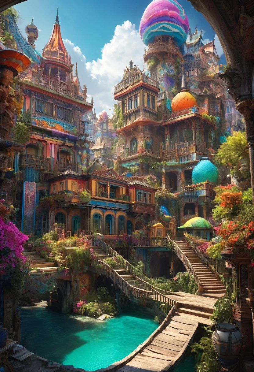 conceptual installation fantasy art with bright and colorful random colors, mysterious buildings, western-style buildings, intricate craftsmanship, delicate and dynamic textures, contrasts of light and shadow, 2.5D, artistic photography, hyper realistic, digital graphic CG, BREAK ultra detailed, absolutely resolution, best quality