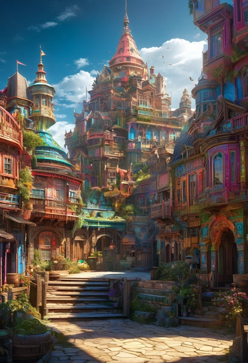 conceptual installation fantasy art with bright and colorful random colors, mysterious buildings, western-style buildings, intricate craftsmanship, delicate and dynamic textures, contrasts of light and shadow, 2.5D, artistic photography, hyper realistic, digital graphic CG, BREAK ultra detailed, absolutely resolution, best quality