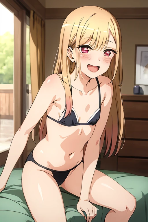 ((Best Quality)), ((masterpiece)), (be familiar with),  perfect face, indoor, bedroom, Watching the audience,
One woman, Kitagawa Marin,
Open Mouth, Ecstatic expression, blush, smile,
Small breasts,  flat chest, , , , Girl,
Long Hair, Long Hair,
Leg spread,