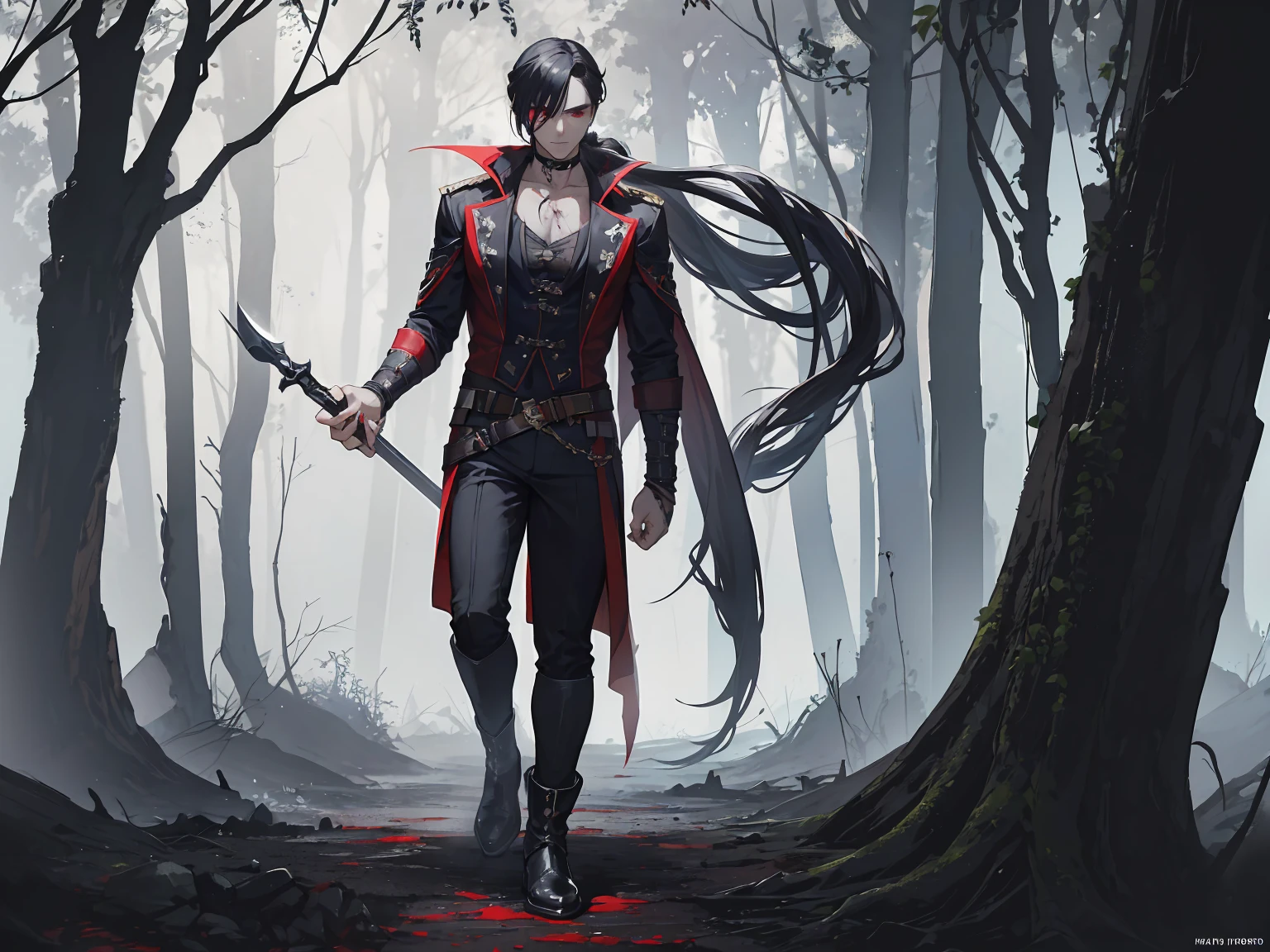 A mysterious and handsome young man (he is a captivating and masculine looking pirate), (his hair tied in a low ponytail, black as coal, his body masculine, wearing pirate clothes, pirate boots, pirate costume, holding a black sword stained with blood), is Standing in the middle of ruins deep in a dangerous forest, on the ground there are monsters and blood. His red eyes glow in the dark. The darkness of the forest hides his presence, in the dark of the night, Full body angle from head to shoes, Height 195 cm, mysterious and attractive, Fantasy character, the lighting of the scene is dark and creepy.
