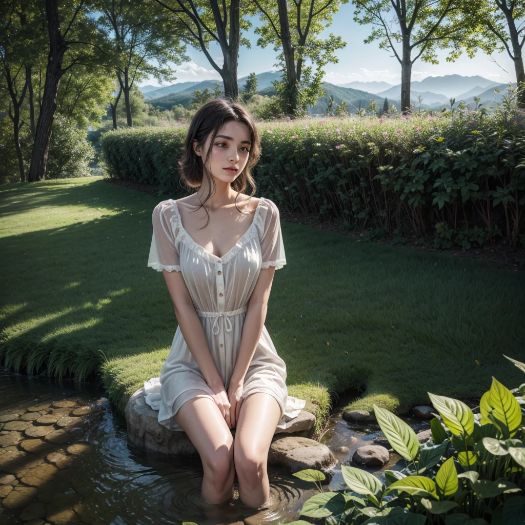 Best quality,masterpiece,ultra high res,1girl,water,solo,tree,rock,boots,leaf,sitting,dress,outdoors,detached sleeves,black hair,sunlight,reflection,white dress,breasts,short hair,sky,sun,hair ornament,autumn leaves,bare shoulders,day,norfleet,rain,<lora:bf4-000008:0.7>,