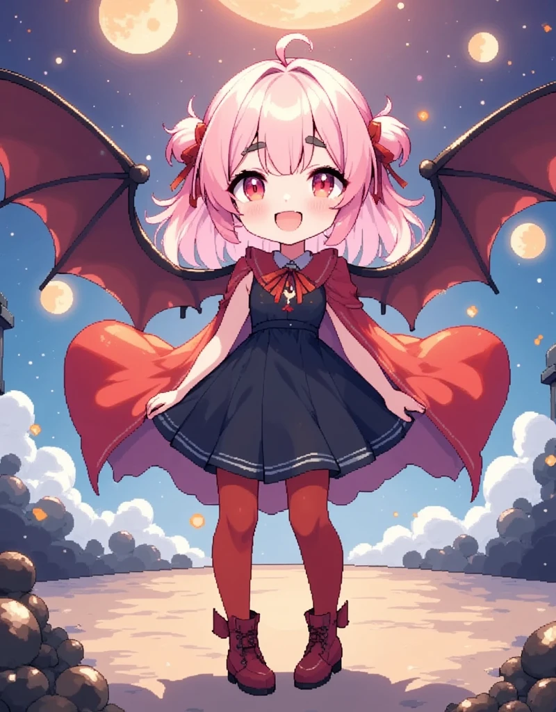  score_9,  score_8_up,  score_7_up,  score_6_up,  score_5_up,  score_4_up,  Anime Artwork, Vampire Girl,   1 girl, chibi style, Vampire Girl, Red eyes,  pink long fluffy hair , Thick eyebrows, Vampire Fang, Happy Face,  She has pointy ears , red ribbon on the head , big bat wings,  black dress,  red cloak like a vampire ,  black stockings, Red Boots, sparkling star and moon background