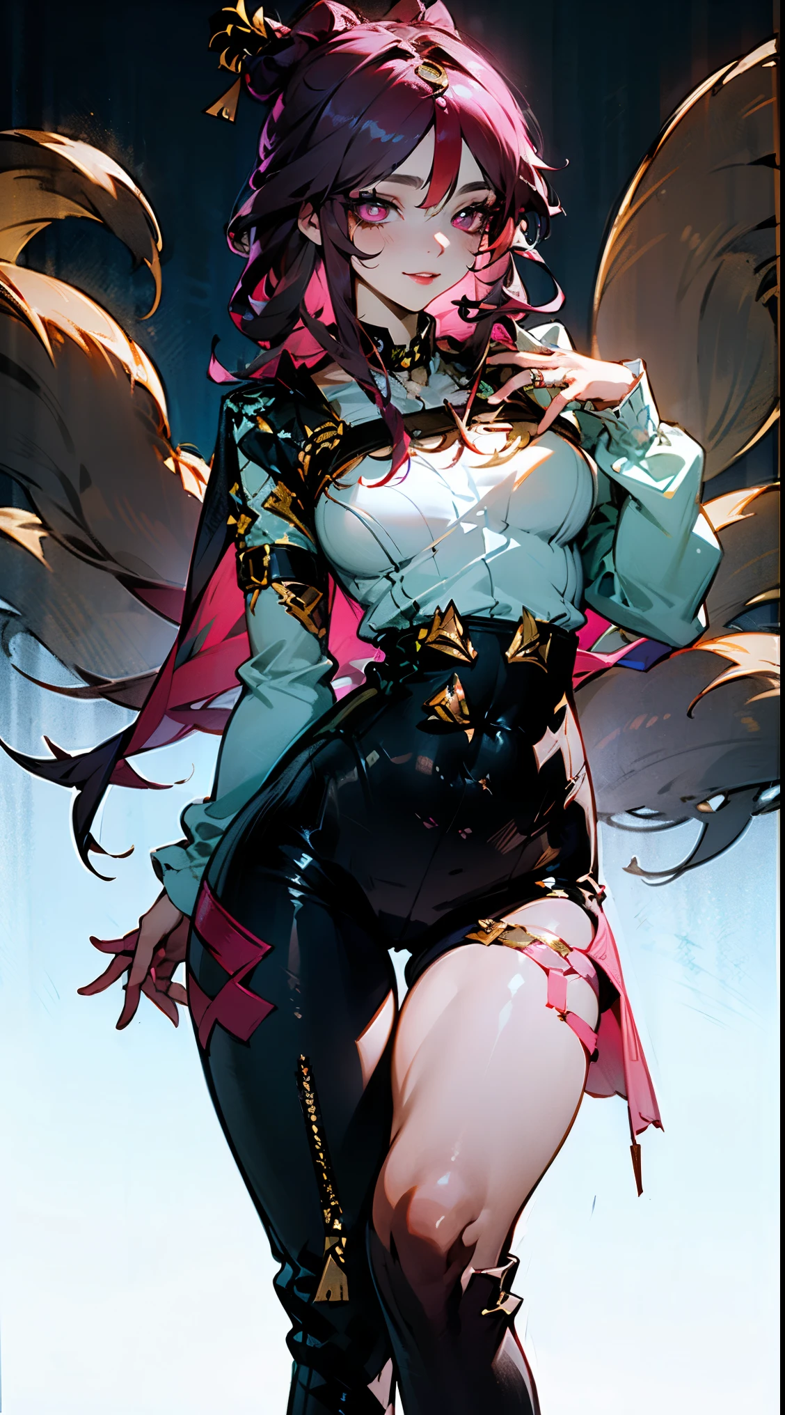 1 anime girl, amazing, cute girl, (Masterpiece, Best quality, Beautiful and aesthetic:1.2),((Ultra-high resolution, Golden ratio)), (Physically-based rendering), Sharp focus, (((high detail skin))), Intricately detailed clothing, Delicate pupils, Danfeng Eye,((((multicolor hair, detailed hair, long hair)))), Slender, ((extremely_Detailed_eyes_and_face)), long eyelash, (masterpiece side lighting), (Dynamic configuration: 1.2), dynamic pose, Perfect Anatomy, Eyeliner, nsfw, sharp eyes, choker, light smile, hair adornments, fit thighs, thigh gap, stylish, mature, r, medium breast,fox tail, multiple tails, shirt, long sleeves, standing, pants, sweater, turtleneck, black pants, high-waist pants,, complex lace boots, side-lighting, gothic aesthetic, transparent, Lace, Fishnet lingerie and stockings.