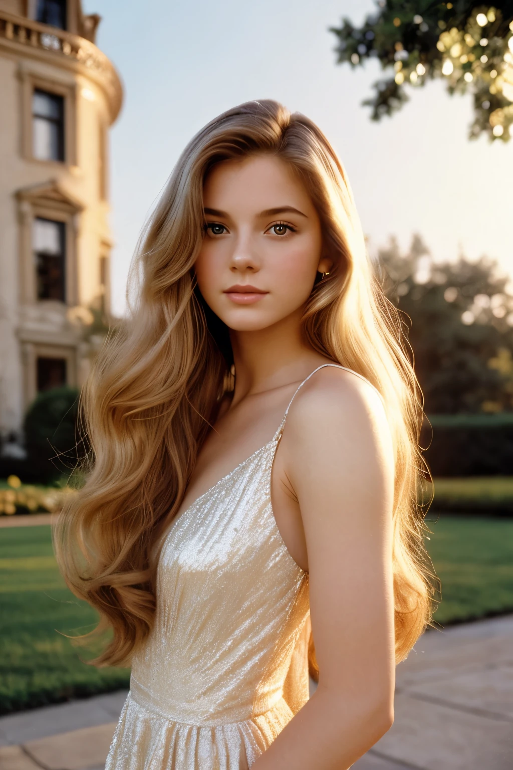 film still, 1996 high class style, 1girl, long wavy blowout hair, pale skin, elite, classic, golden hour, mansion background, portrait