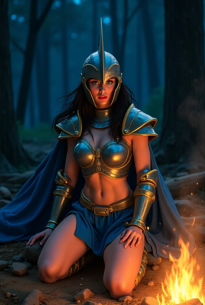 Una mujer, casco dorado con alas de oro, cuerpo desnudo con capa roja, brazos con armadura dorada, alas de oro, big tits, cuerpo en forma de reloj de arena, piel blanca, mountain background with sunlight