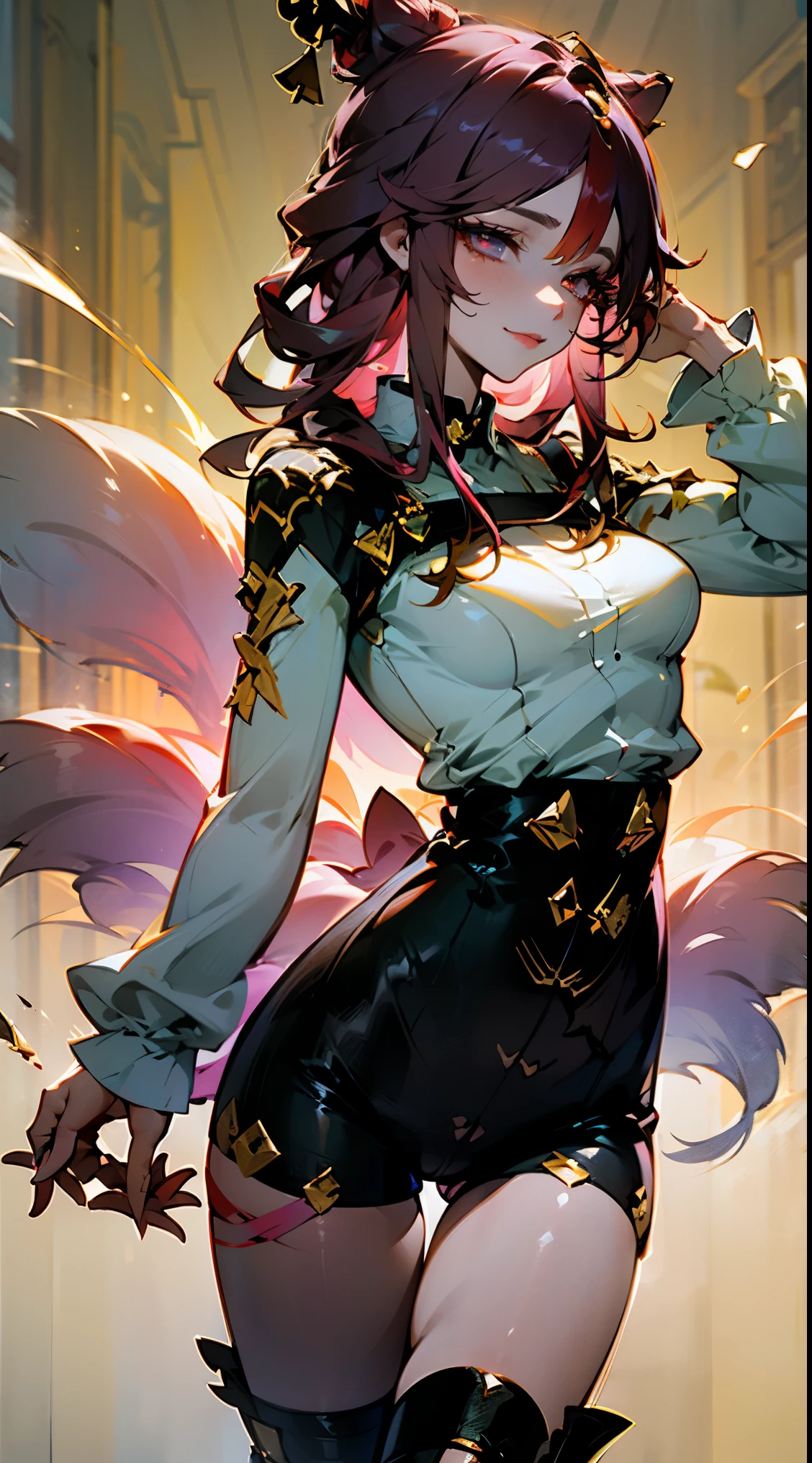 1 anime girl, amazing, cute girl, (Masterpiece, Best quality, Beautiful and aesthetic:1.2),((Ultra-high resolution, Golden ratio)), (Physically-based rendering), Sharp focus, (((high detail skin))), Intricately detailed clothing, Delicate pupils, Danfeng Eye,((((multicolor hair, detailed hair, long hair)))), Slender, ((extremely_Detailed_eyes_and_face)), long eyelash, (masterpiece side lighting), (Dynamic configuration: 1.2), dynamic pose, Perfect Anatomy, Eyeliner, nsfw, sharp eyes, choker, light smile, hair adornments, fit thighs, thigh gap, stylish, mature, r, medium breast,fox tail, multiple tails, shirt, long sleeves, standing, pants, sweater, turtleneck, black pants, high-waist pants,, complex lace boots, side-lighting, gothic aesthetic, transparent, Lace, Fishnet lingerie and stockings.