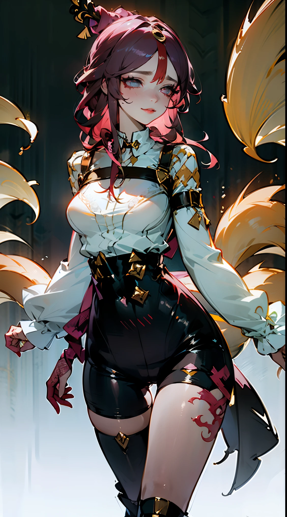 1 anime girl, amazing, cute girl, (Masterpiece, Best quality, Beautiful and aesthetic:1.2),((Ultra-high resolution, Golden ratio)), (Physically-based rendering), Sharp focus, (((high detail skin))), Intricately detailed clothing, Delicate pupils, Danfeng Eye,((((multicolor hair, detailed hair, long hair)))), Slender, ((extremely_Detailed_eyes_and_face)), long eyelash, (masterpiece side lighting), (Dynamic configuration: 1.2), dynamic pose, Perfect Anatomy, Eyeliner, nsfw, sharp eyes, choker, light smile, hair adornments, fit thighs, thigh gap, stylish, mature, r, medium breast,fox tail, multiple tails, shirt, long sleeves, standing, pants, sweater, turtleneck, black pants, high-waist pants,, complex lace boots, side-lighting, gothic aesthetic, transparent, Lace, Fishnet lingerie and stockings.