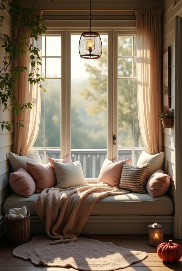 Create an image of a cozy, inviting corner of a room that feels like a special personal retreat. The space should include a comfy armchair or beanbag, a warm blanket draped over it, a soft rug on the floor, and a small table with a steaming cup of tea or coffee. Add some gentle, warm lighting, perhaps from a table lamp or fairy lights, and include a few cozy details like a stack of books and a potted plant. The overall atmosphere should be peaceful and welcoming, a perfect place to relax and unwind.