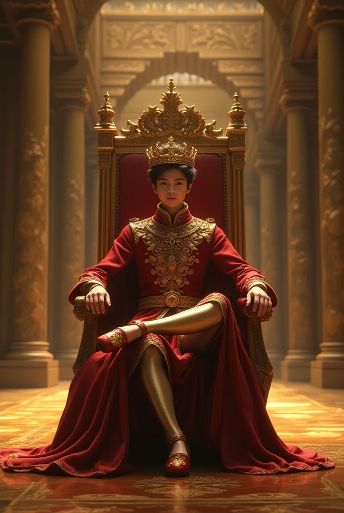 Um de 16 anoo forte e com cabelo liso, skin color is brown but it is burnt from the sun and he is lighting up on a throne all made of gold and diamonds in a very big palace full of the king's court and and guards and the boy is lighting up on the throne dressed in armor made of gold, diamante e ferro todo coberto por essa armadura menos o seu rosto e cabelo